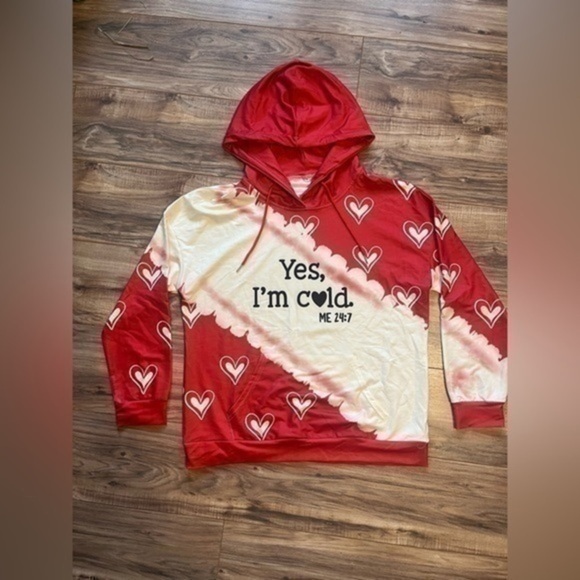“Yes I’m Cold “with Love Heart Graphic Print Long Sleeve Pullover with hoodie - Picture 1 of 8